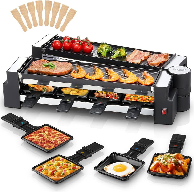 FOHERE Raclette Grill, 2-in-1 Rotatable Electric Indoor Raclette Table Grill, 1400W Raclette Machine for 8 with Reversible Non-Stick Plates, Includes 8 Cheese Pans for Family and Parties Fun - Image 1